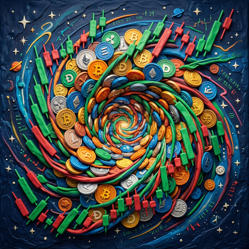 Swirling spiral of various cryptocurrency coins including Bitcoin, Ethereum, Litecoin with green and red candlestick charts on a dark starry background