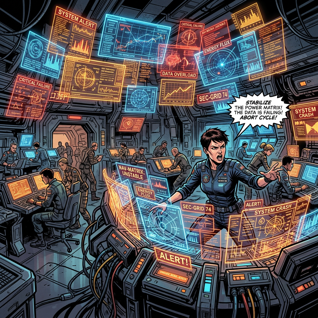 People in a high-tech command center addressing multiple system alerts and data errors