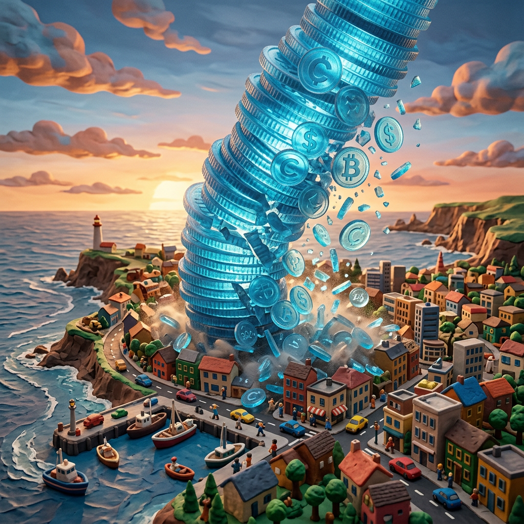 Large tower of blue digital coins with cryptocurrency symbols crashing down on a coastal town with boats, houses, and cliffs at sunset