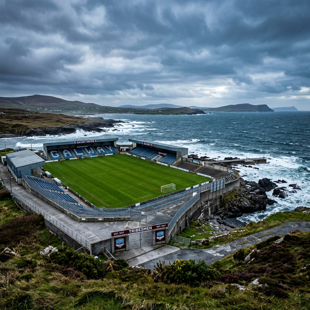 Football stadium named Galway near rocky coastline with rough sea and cloudy sky