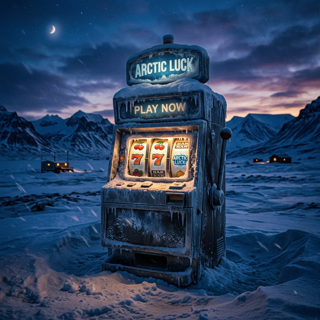 Slot machine labeled Arctic Luck covered in snow and ice in a snowy Arctic setting