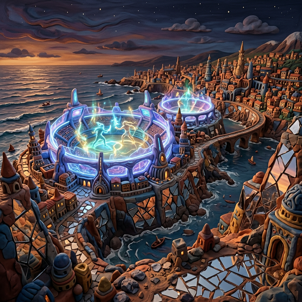 Futuristic seaside arena with glowing holograms and surrounding city buildings at sunset