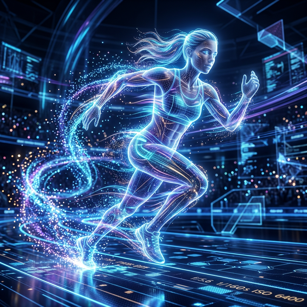 Digital female athlete running with glowing data patterns and futuristic interface