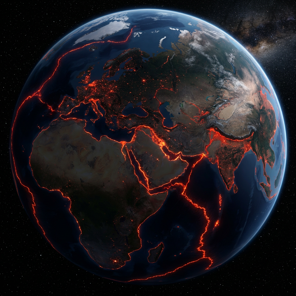 View of Earth highlighting tectonic plate boundaries glowing red across Africa, Europe, and Asia