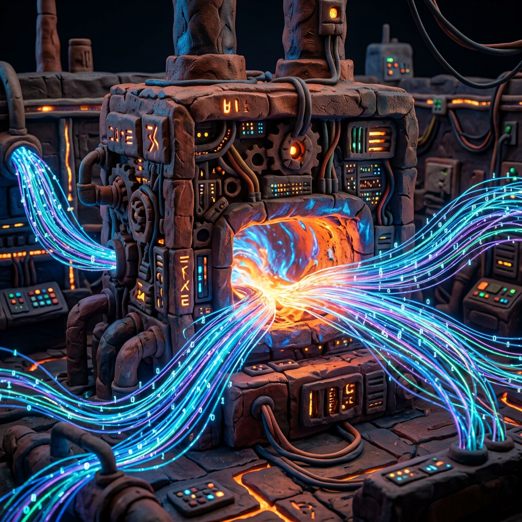 Machine channeling glowing digital data streams through a central core with gears and control panels