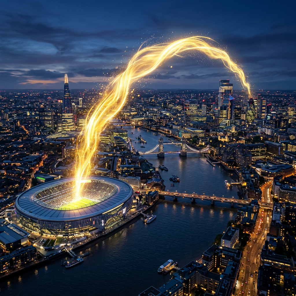 Glowing golden arc of light linking a stadium and city buildings at night