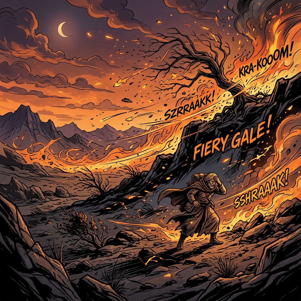 Traveler struggling against a blazing fiery gale on rocky mountainside with fiery winds and burning tree