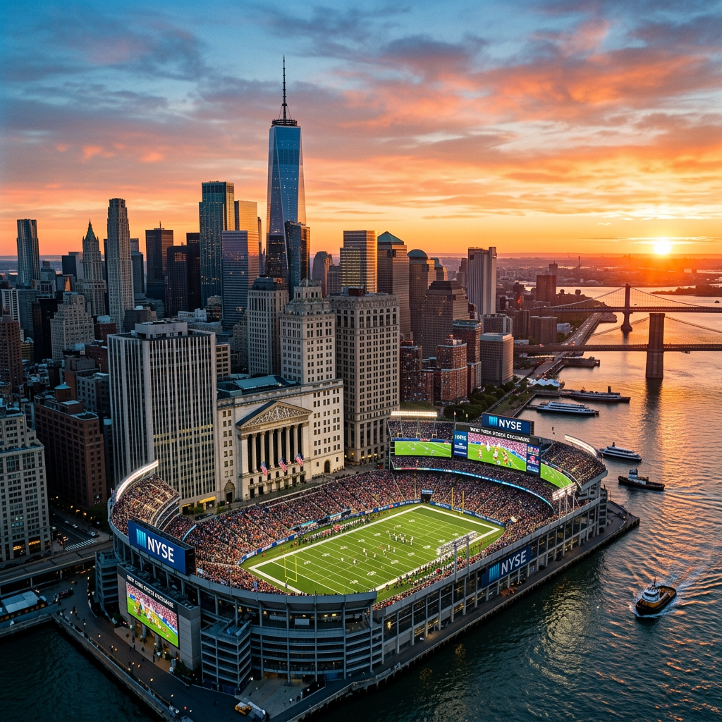 Football stadium filled with spectators hosting a game by waterfront with city skyline and sunset