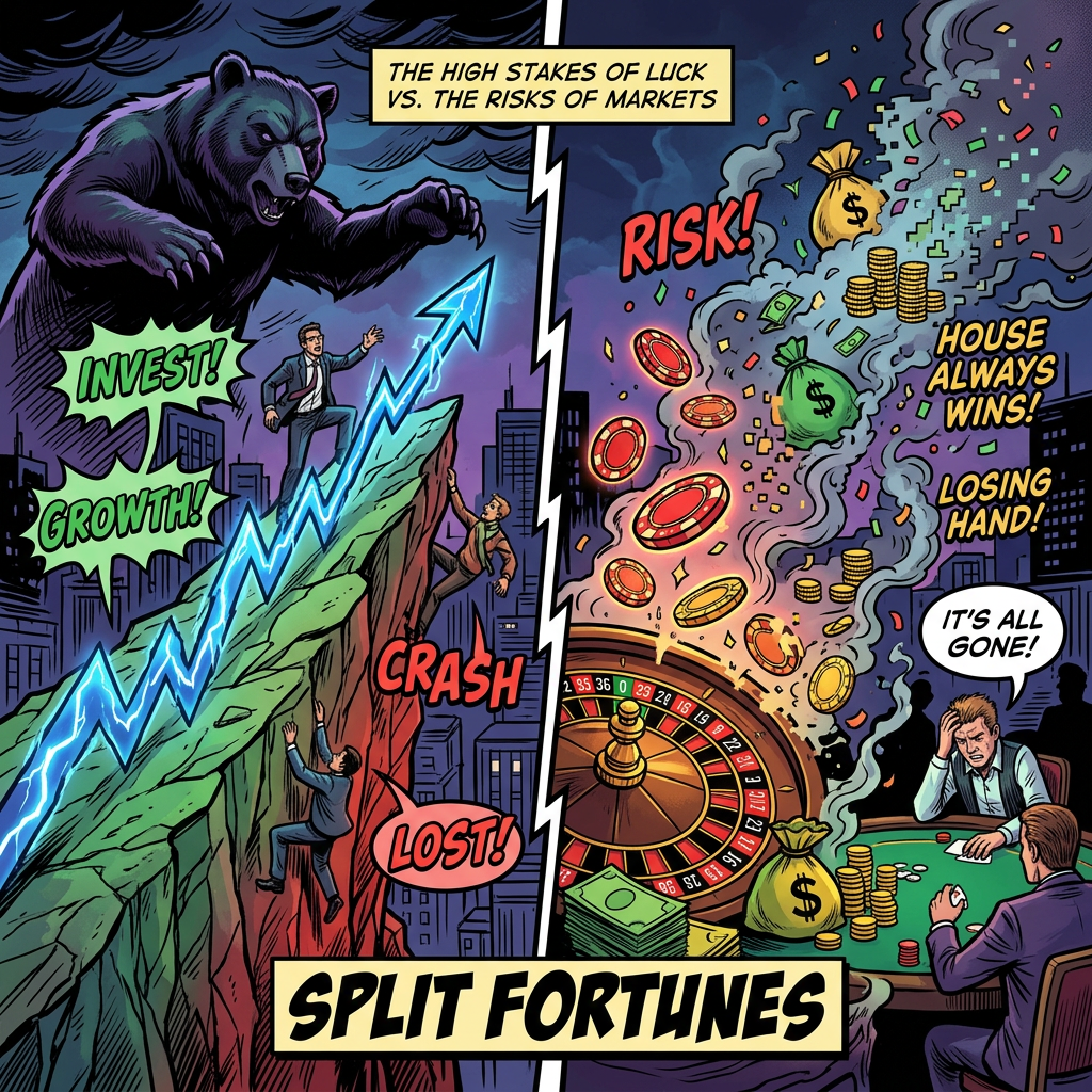 Split image showing investment growth with a bear and gambling losses at a roulette table