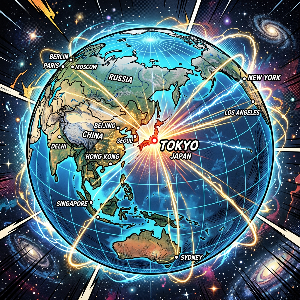 Globe highlighting Tokyo with lines connecting to global cities like New York, Paris, and Sydney