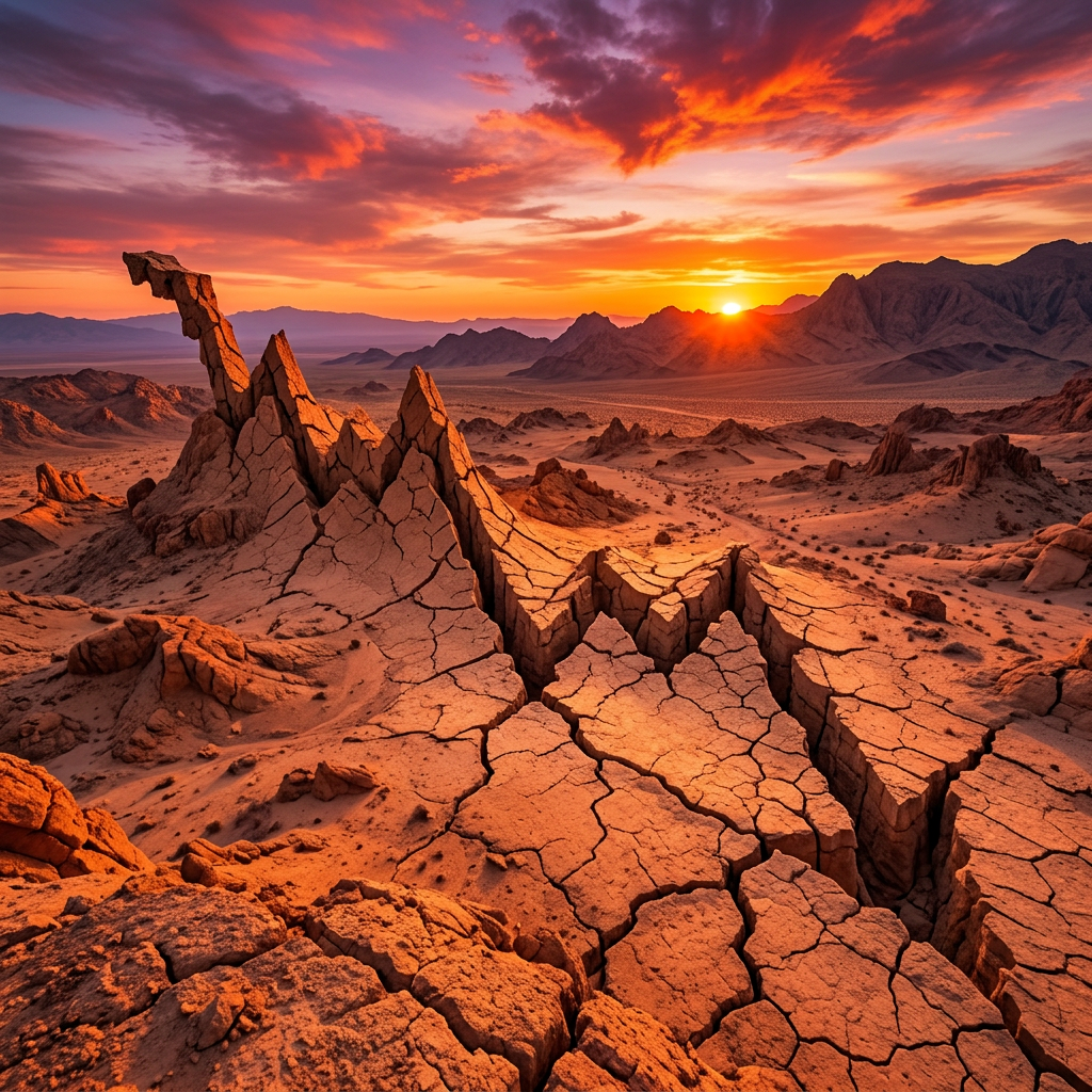 Cracked desert rock formations under a colorful sunset sky with distant mountains