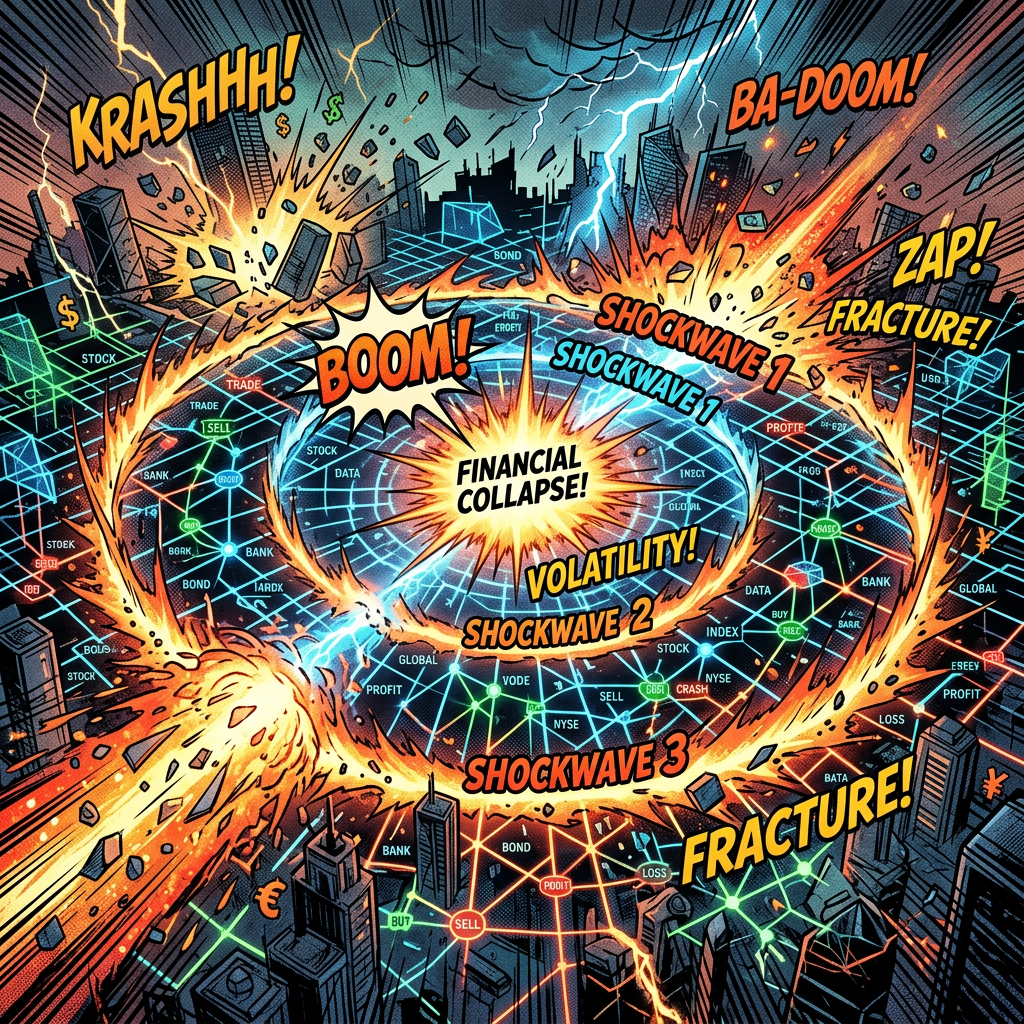 Comic-style graphic showing financial collapse with shockwaves, explosions, and market terms