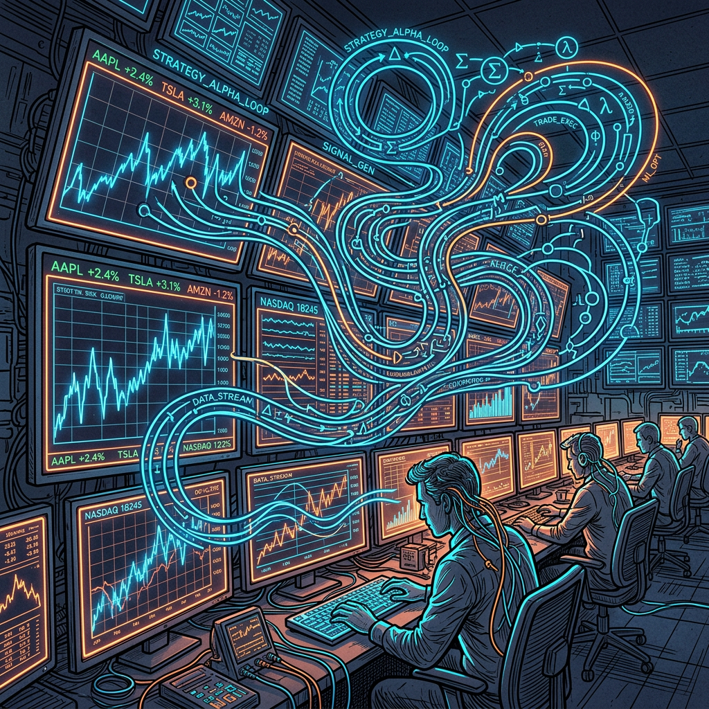 People working at computer stations with multiple financial charts and AI data streams