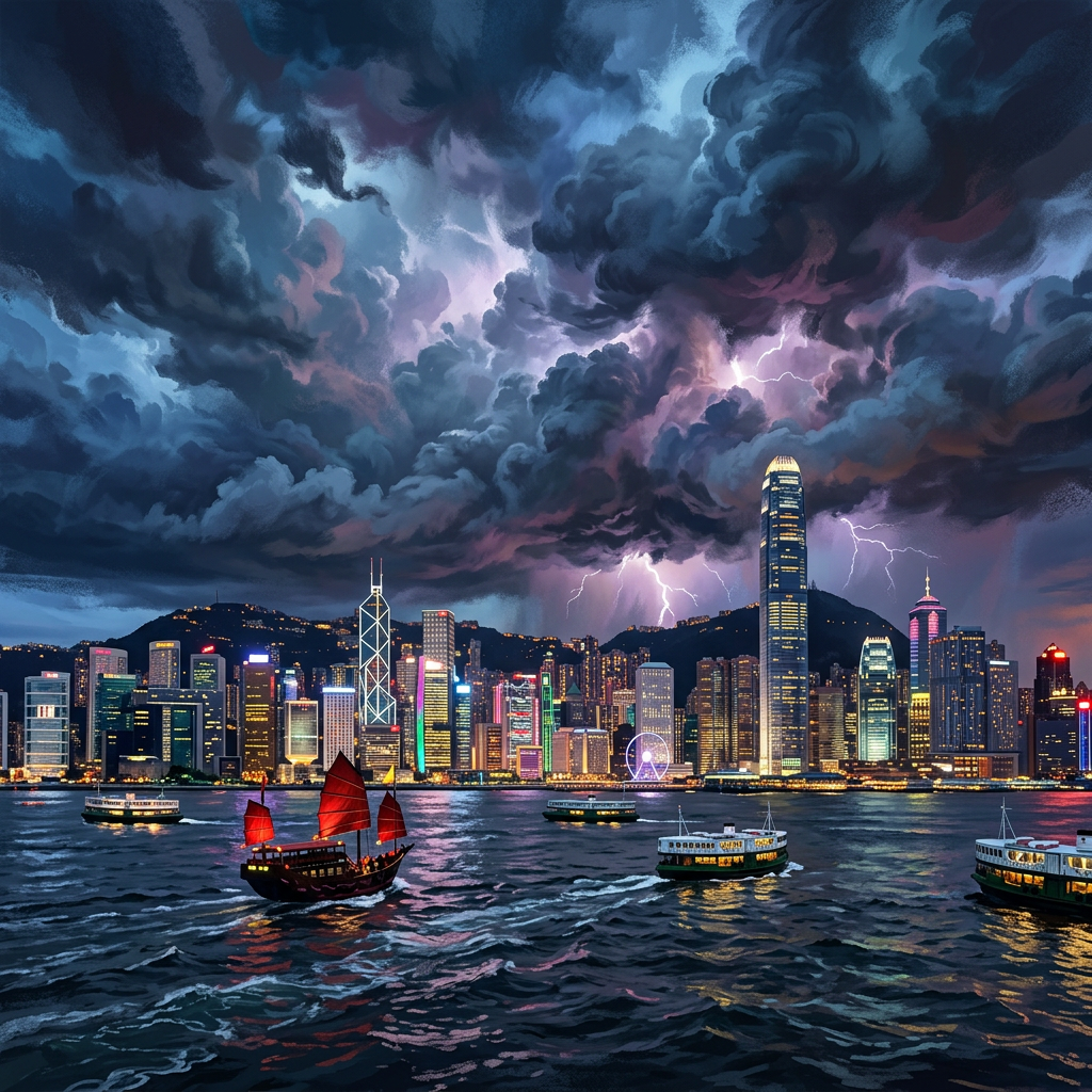 Hong Kong city skyline with lightning and boats on water during stormy night