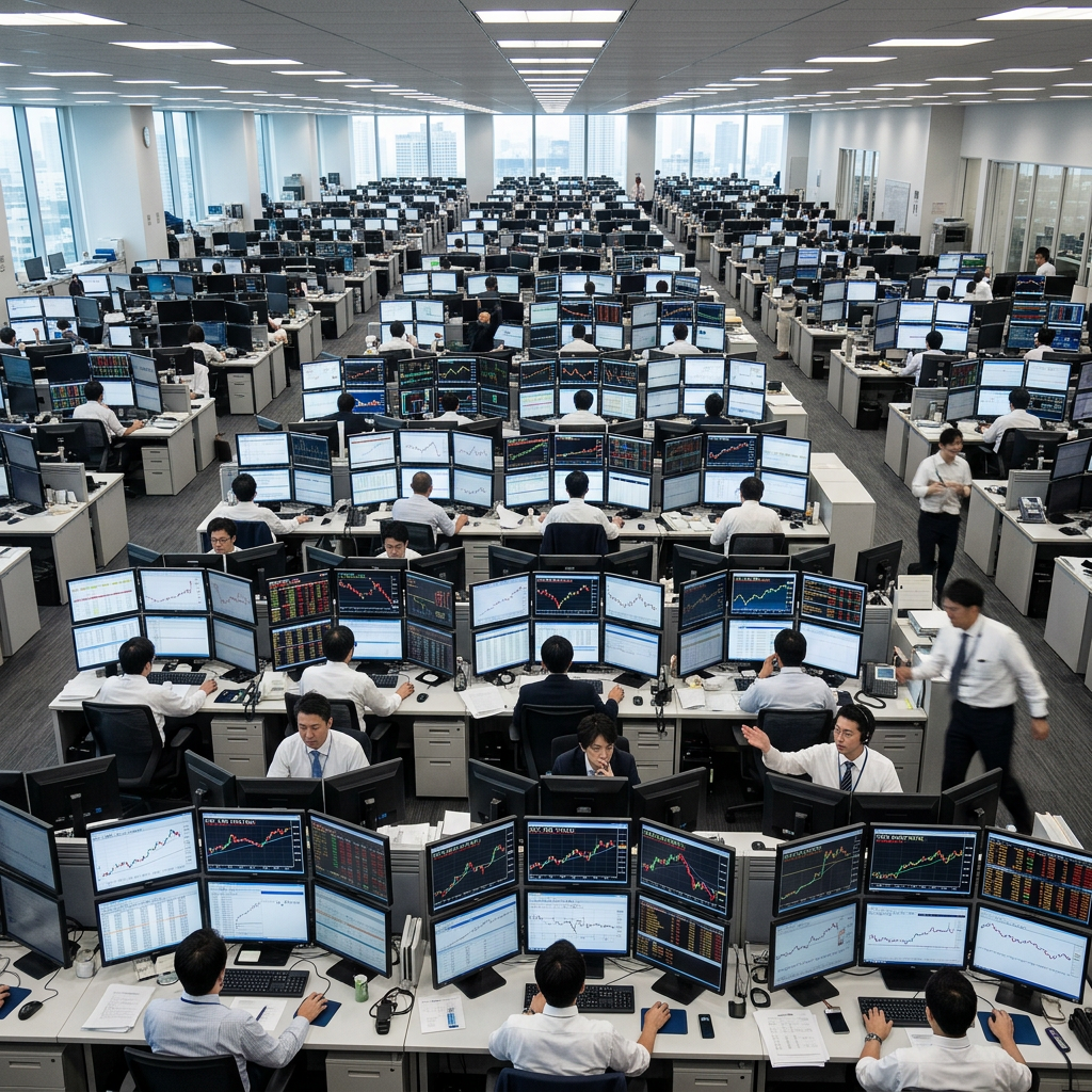 A large trading floor with rows of desks, each equipped with several monitors showing financial graphs and data, and many traders working.