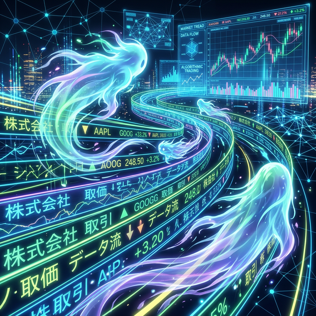 Glowing jellyfish moving through curved streams of stock market data and financial charts