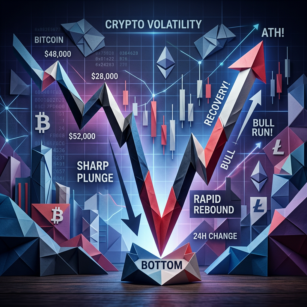 Graph showing cryptocurrency prices with sharp decline and rapid recovery arrows labeled with terms like 'sharp plunge', 'bottom', 'recovery', and 'bull run'