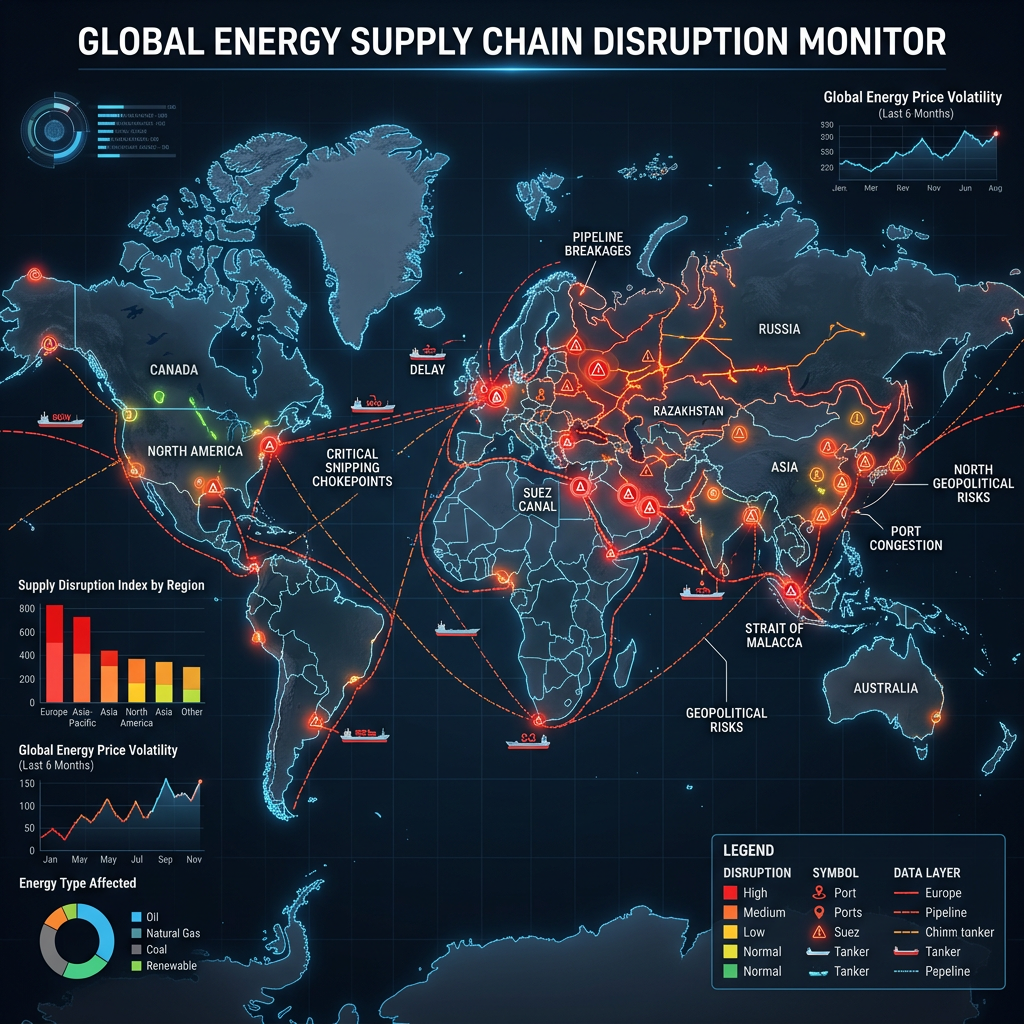World map showing global energy supply chain disruptions with marked chokepoints, pipelines, and geopolitical risk areas