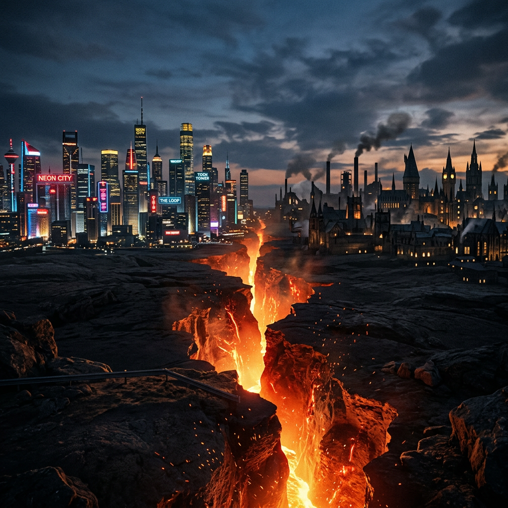 A lava fissure dividing a neon-lit modern city and a smoky medieval town under dark clouds