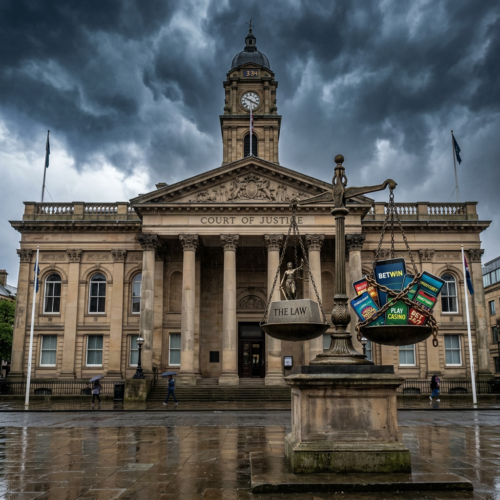 Court of Justice building with scales of justice showing 'The Law' and gambling app icons