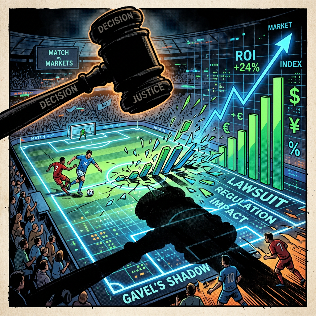 Giant gavel labeled decision and justice breaking through soccer field with players and market charts showing lawsuit impact and ROI increase