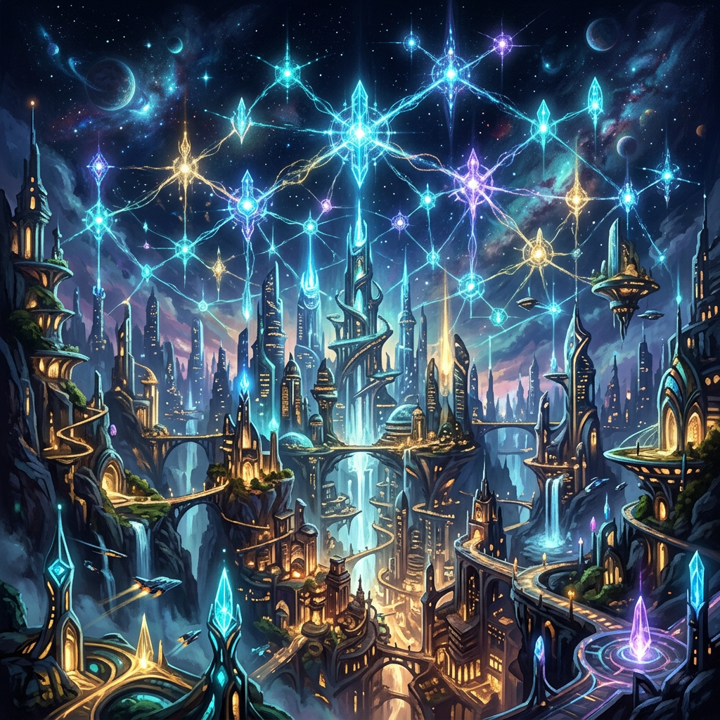 An advanced city with towering structures connected by bright star-shaped lights and sky pathways