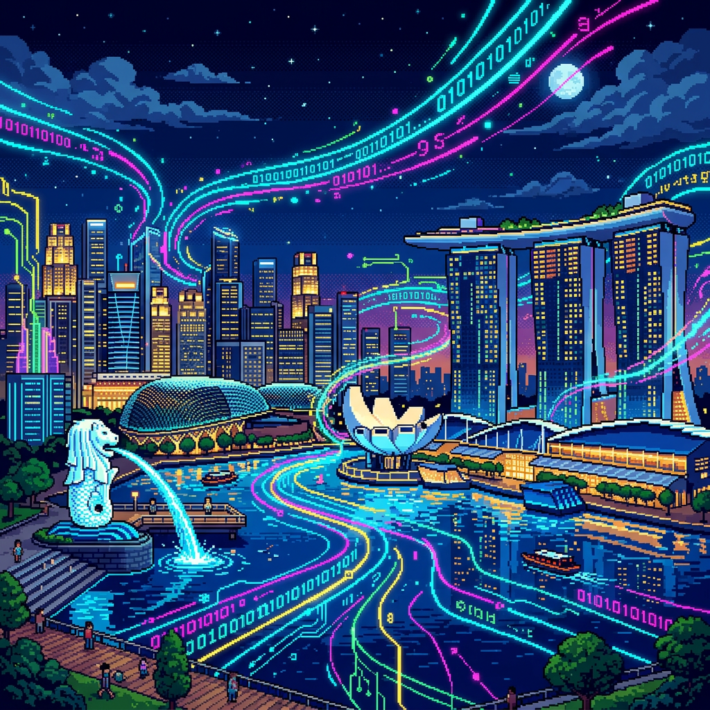 Pixel art of Singapore's Marina Bay with digital data streams flowing above and through the city at night