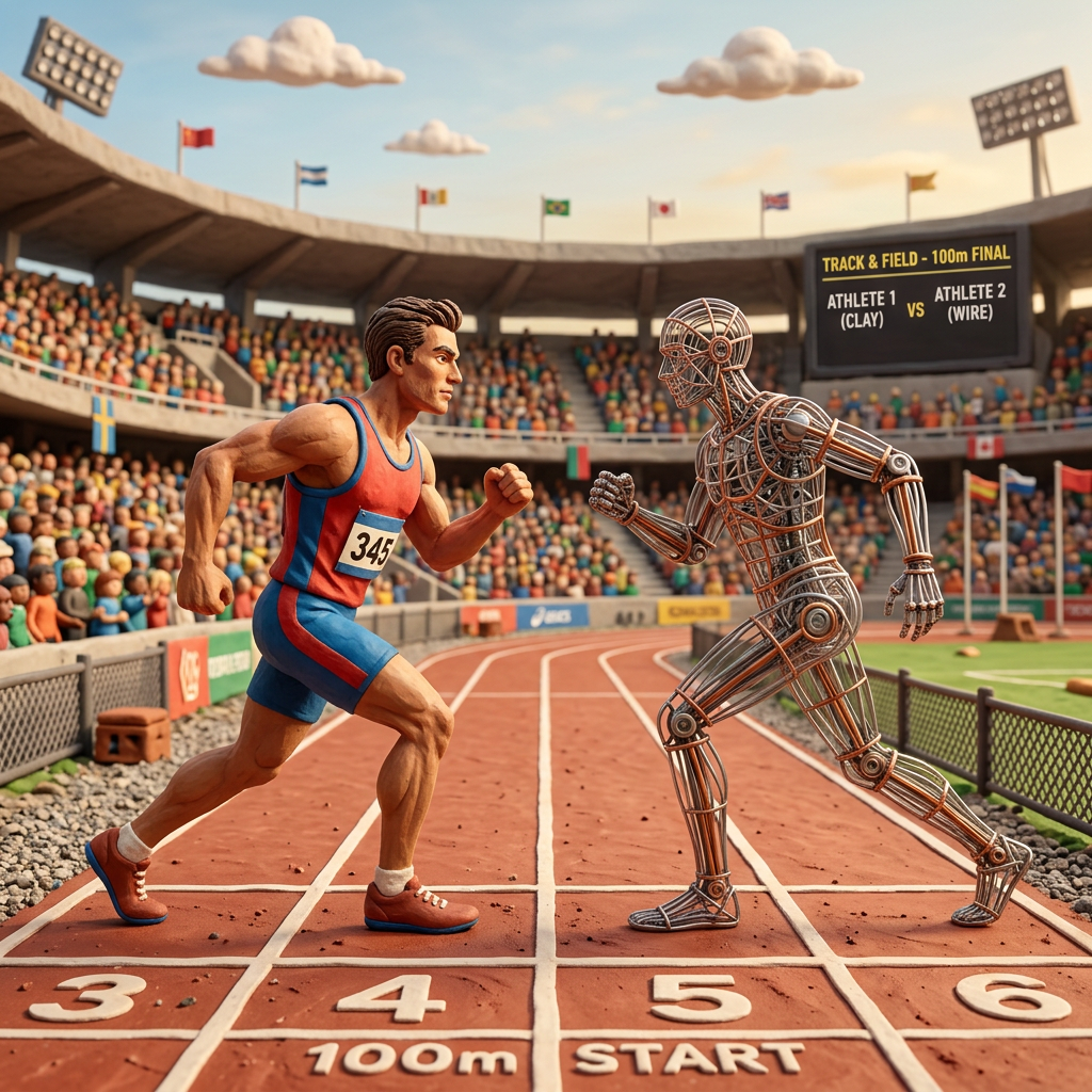 Human runner and robot competitor at 100m race start line in stadium