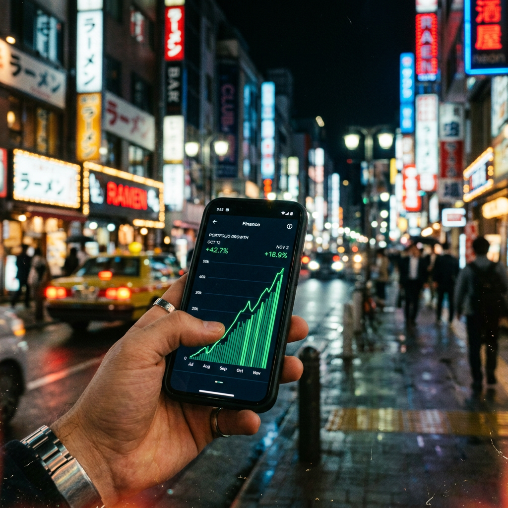 Hand holding smartphone displaying portfolio growth graph on busy city street at night