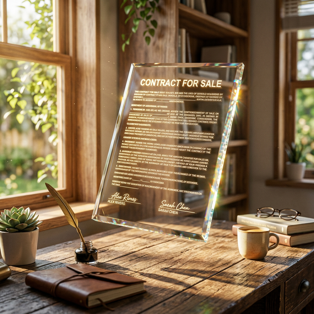 Transparent glass contract titled 'Contract for Sale' floating above wooden desk with books, coffee, and plant