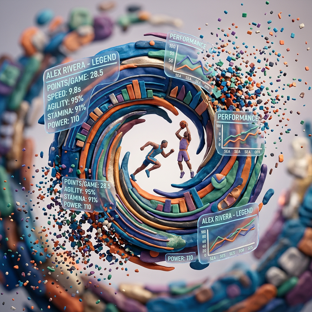 3D basketball players surrounded by swirling colorful stats and performance graphs