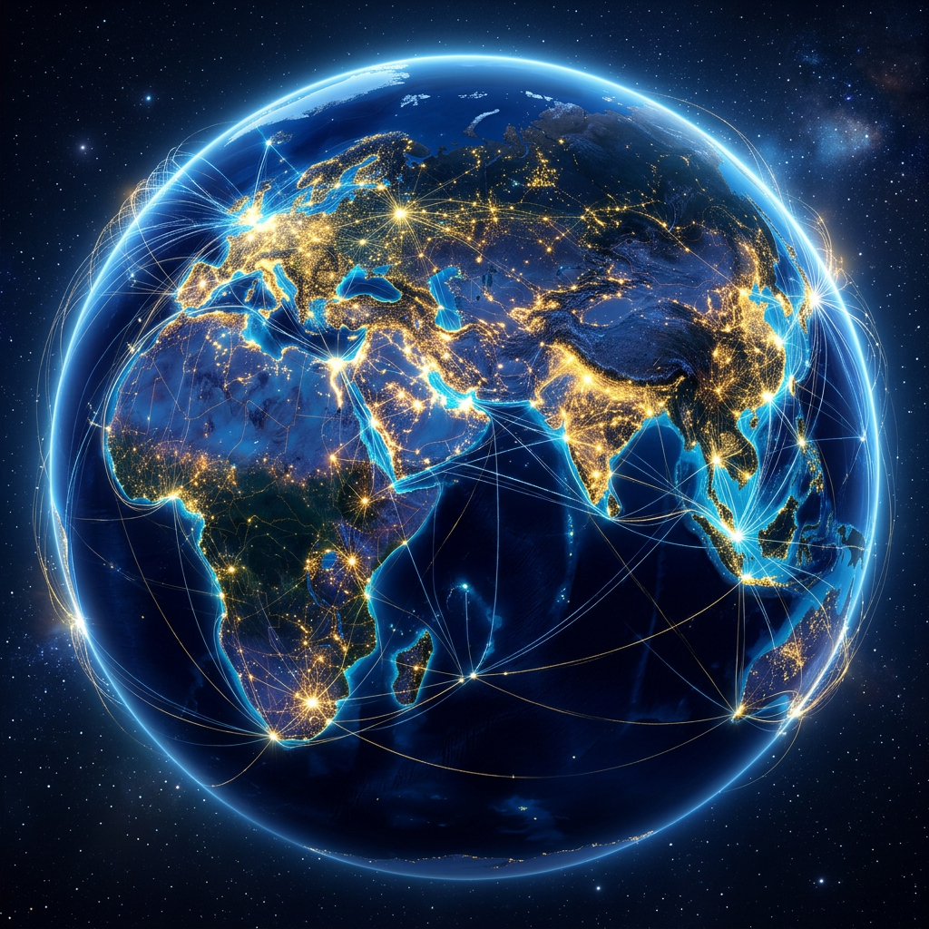 Globe showing illuminated cities and network lines representing global connectivity at night