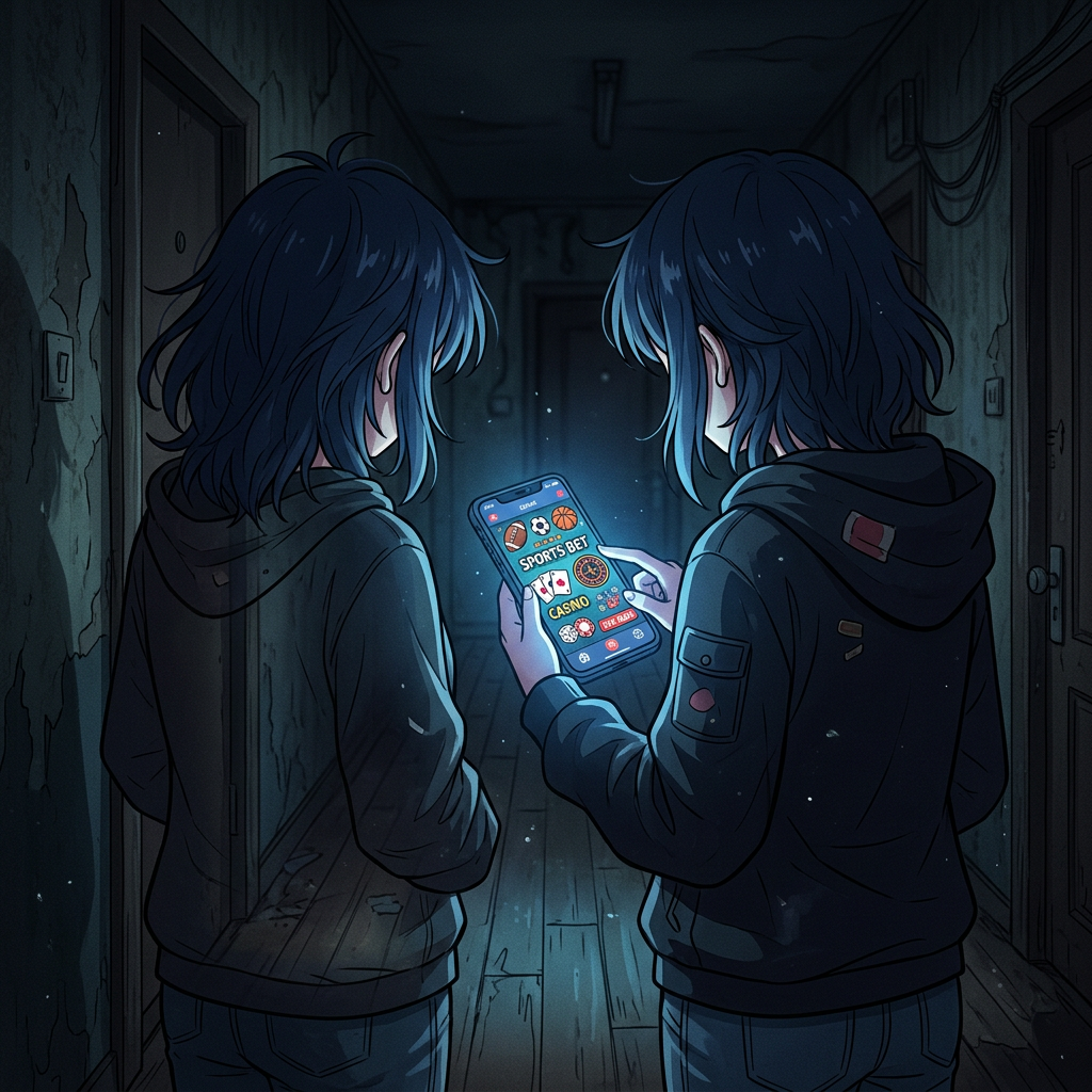 Two young individuals in hoodies viewing a sports betting and casino app on a phone in a dark corridor