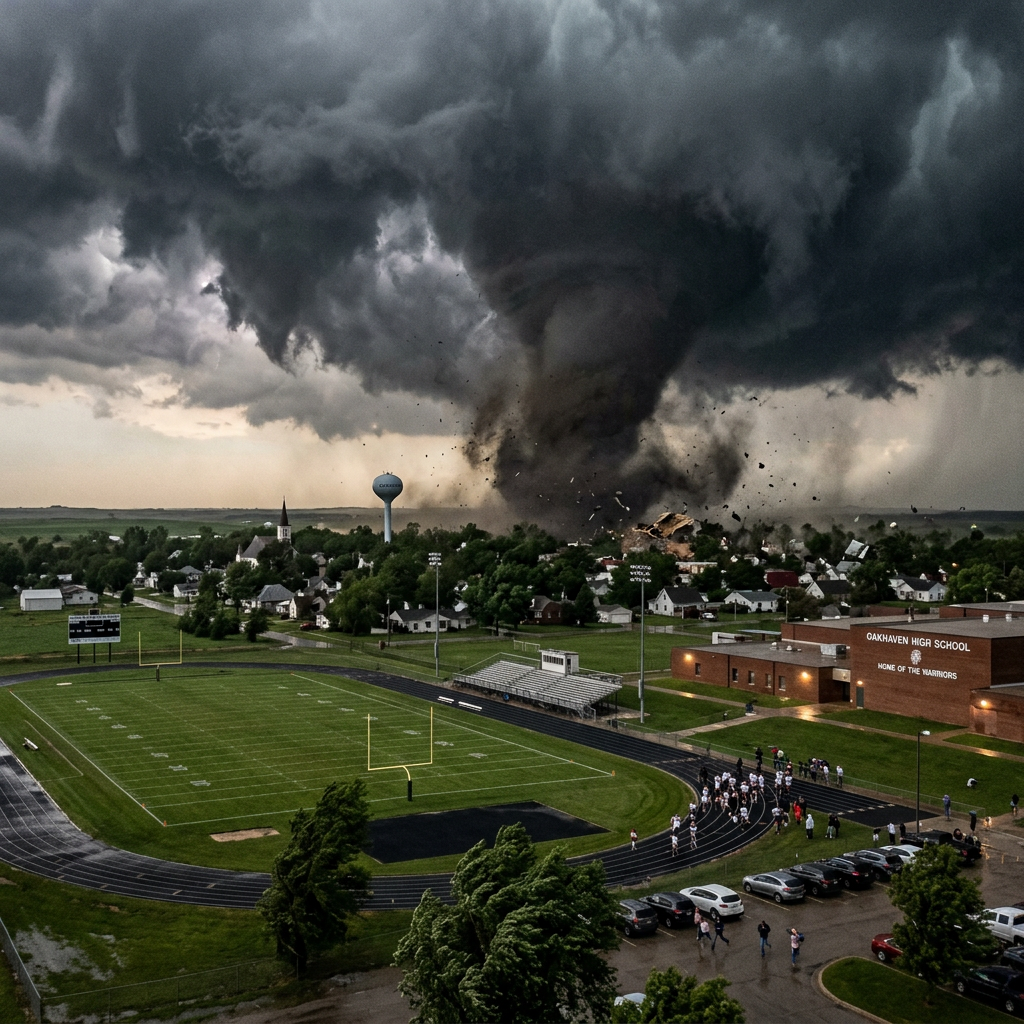 Tornado causing destruction near a town with Oakhaven High School and football field in foreground