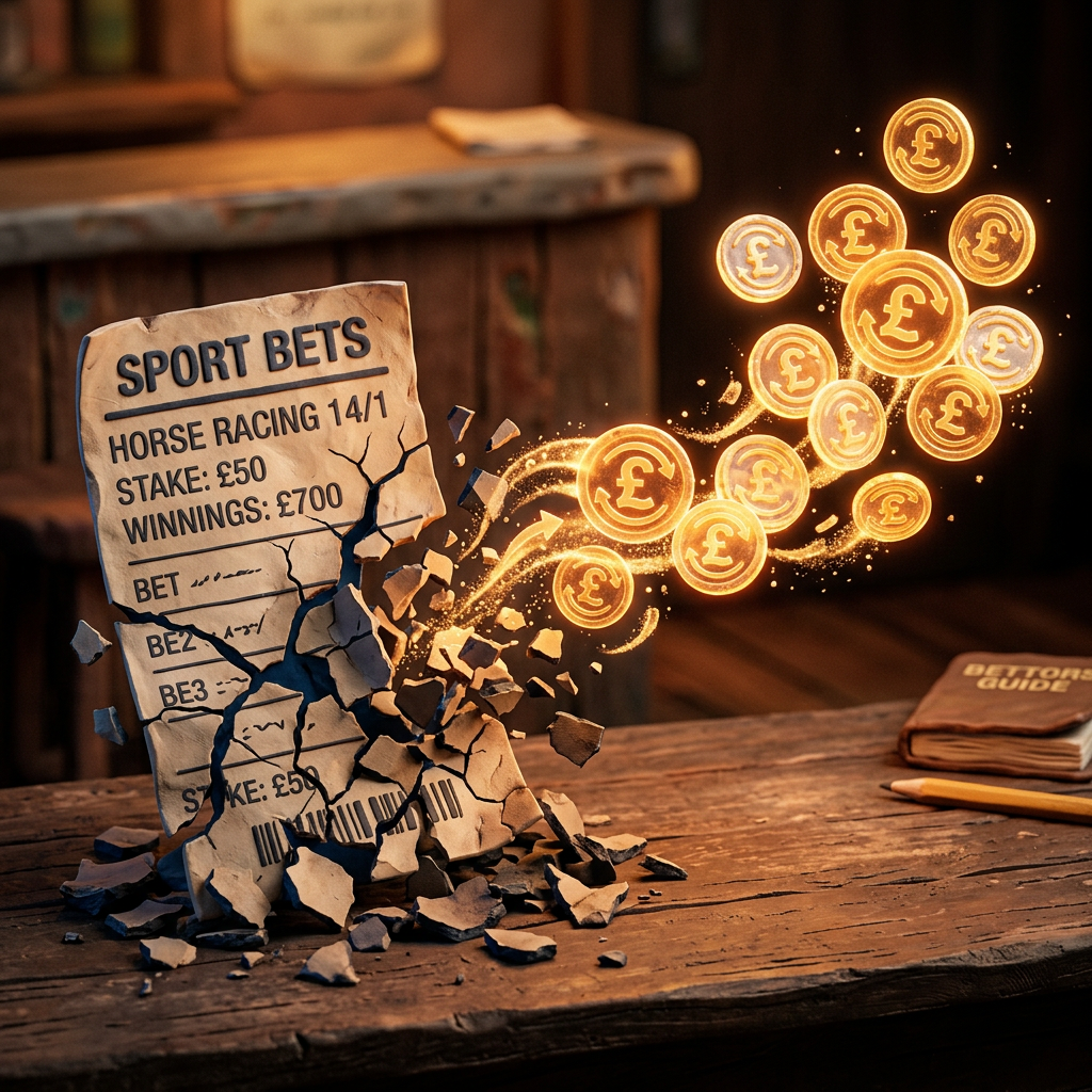 A cracked betting slip on horse racing with glowing pound coins emerging