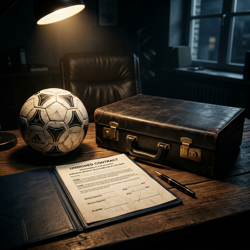 Unsigned professional soccer player contract on a desk with a pen, Adidas soccer ball, and leather briefcase under a desk lamp