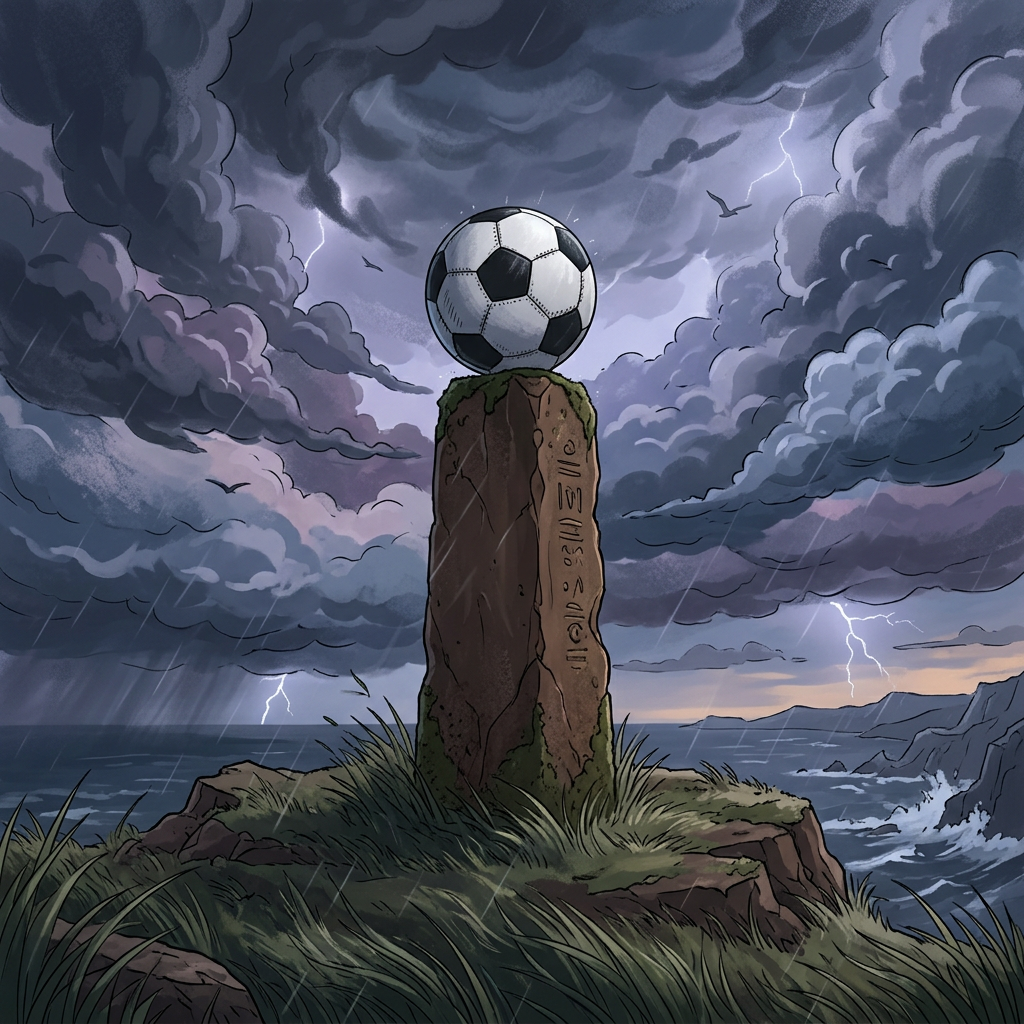 Soccer ball on ancient carved stone pillar with stormy sky and ocean background