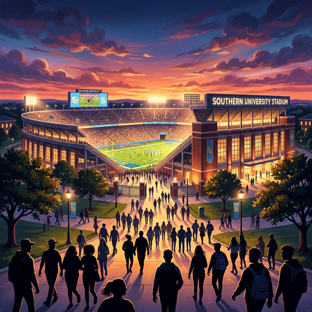 Crowd walking toward Southern University Stadium with a football game at sunset