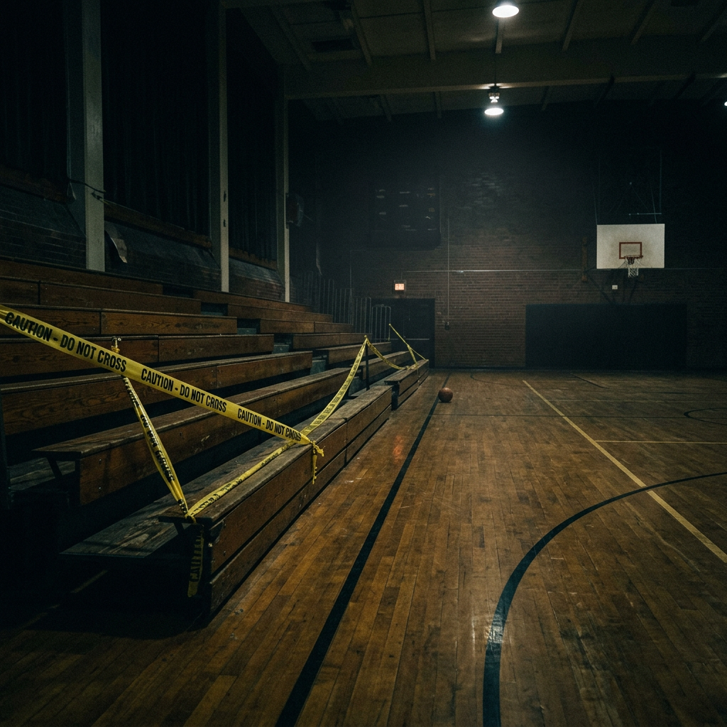 Wooden bleachers in a dimly lit basketball gym with caution tape blocking access