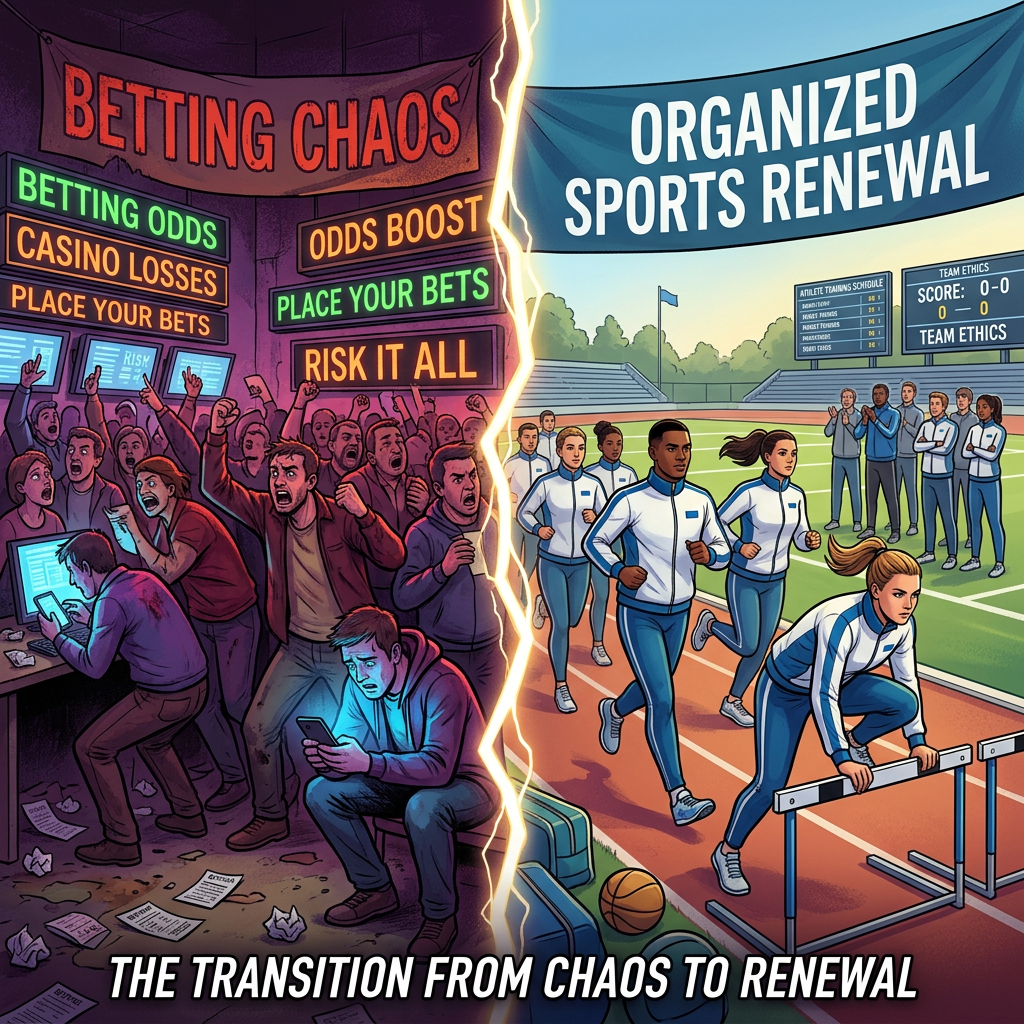 Split image showing chaotic sports betting scene on the left and organized sports renewal with athletes training on the right.