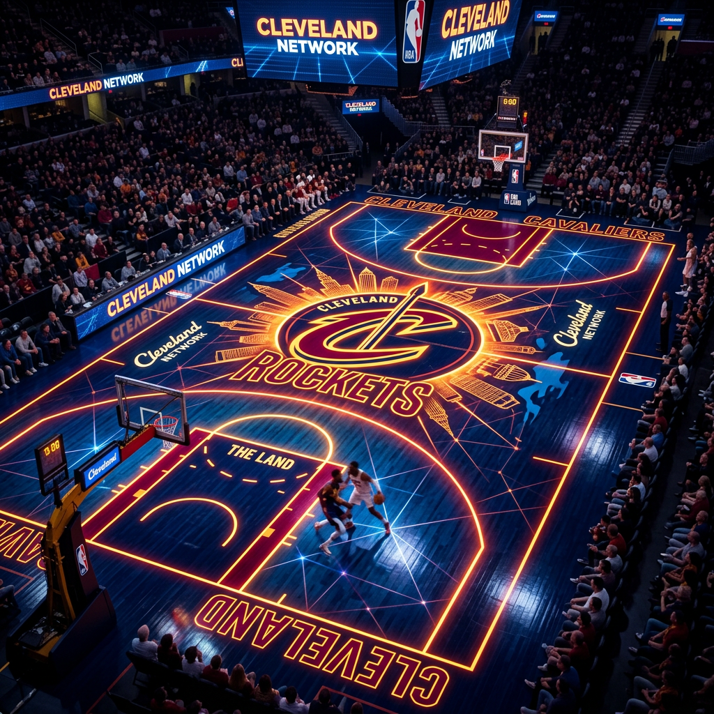 Basketball players on illuminated Cleveland Cavaliers court with neon designs and crowds