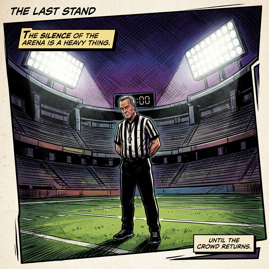 Referee standing alone on a football field in an empty stadium with lights on and clock showing zero