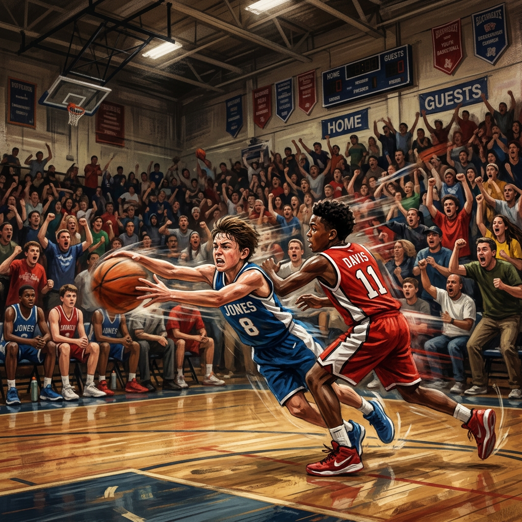 Two high school basketball players competing aggressively for the ball on the court