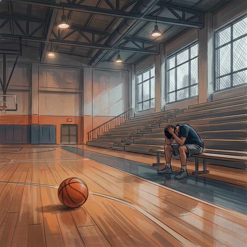 Young man sitting on gym bleachers holding his head, basketball on court floor