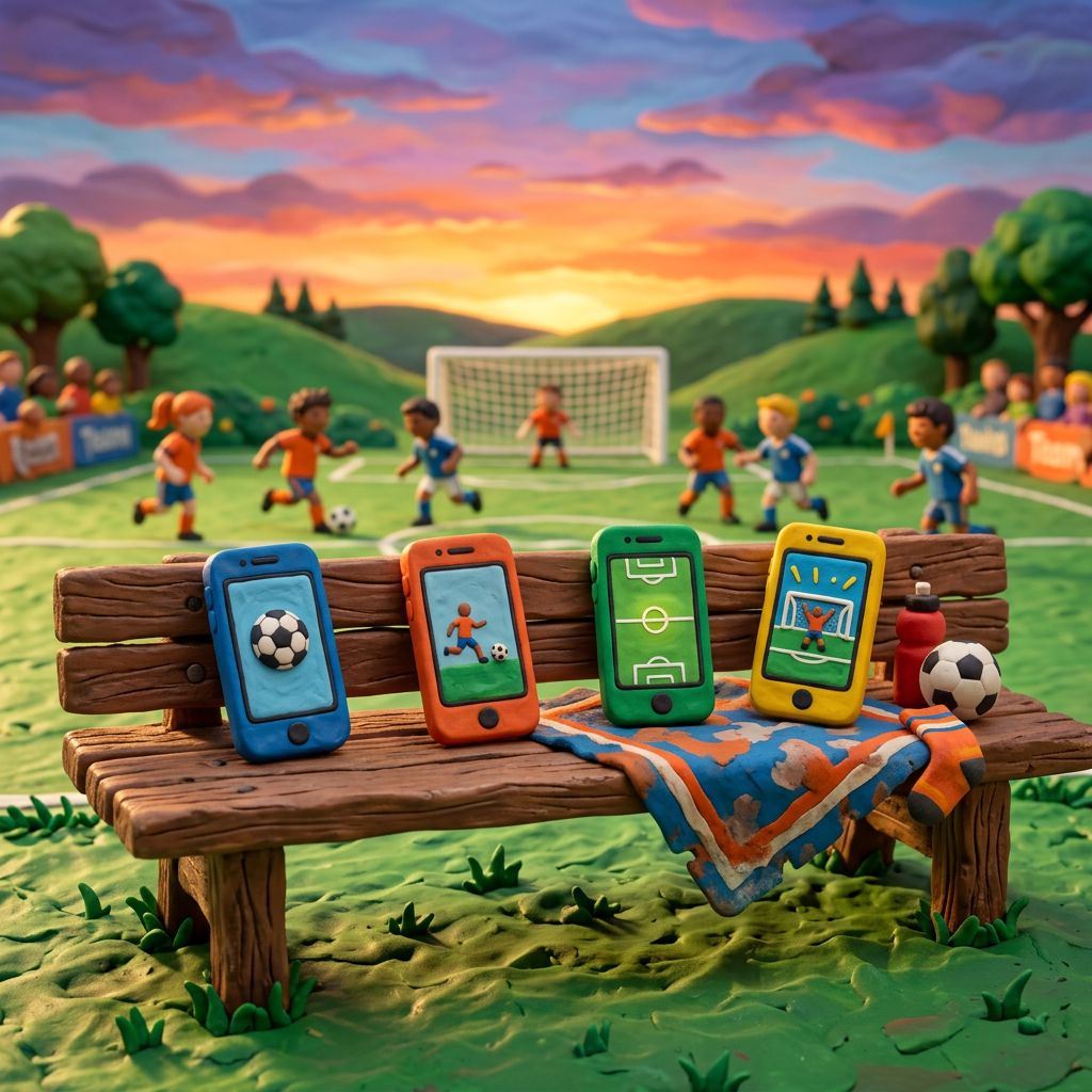 Claymation soccer game with players, smartphones displaying soccer icons on a bench