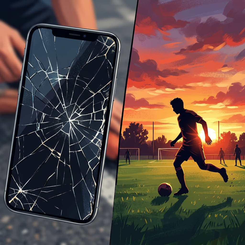 Cracked smartphone screen on left and silhouette of person playing soccer on field at sunset on right