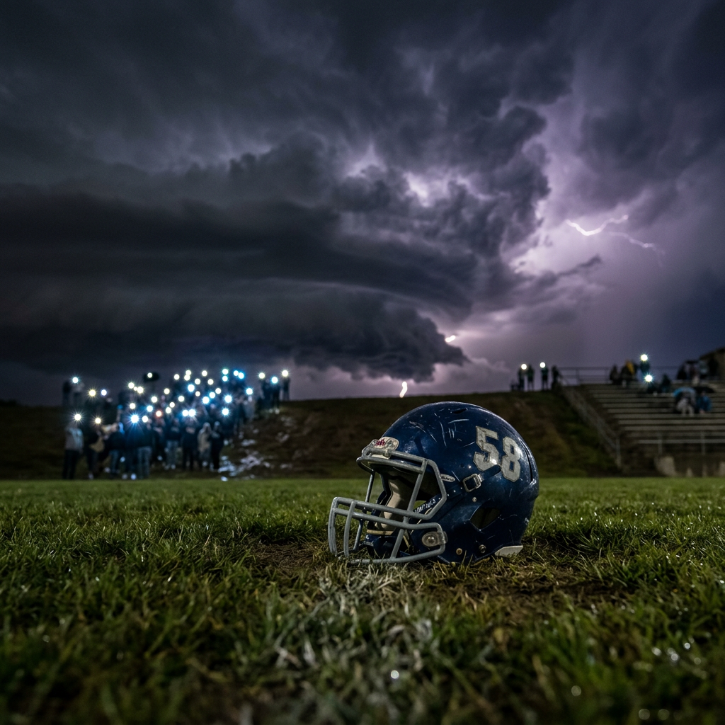 Blue football helmet with number 58 on grass field under stormy sky with lightning