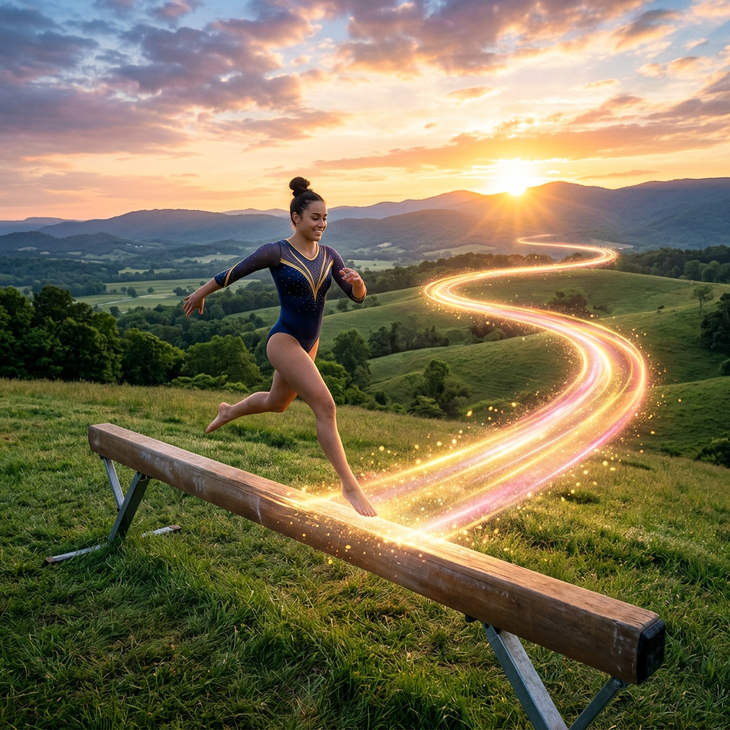 Gymnast walking barefoot on balance beam with glowing light trail in sunset landscape