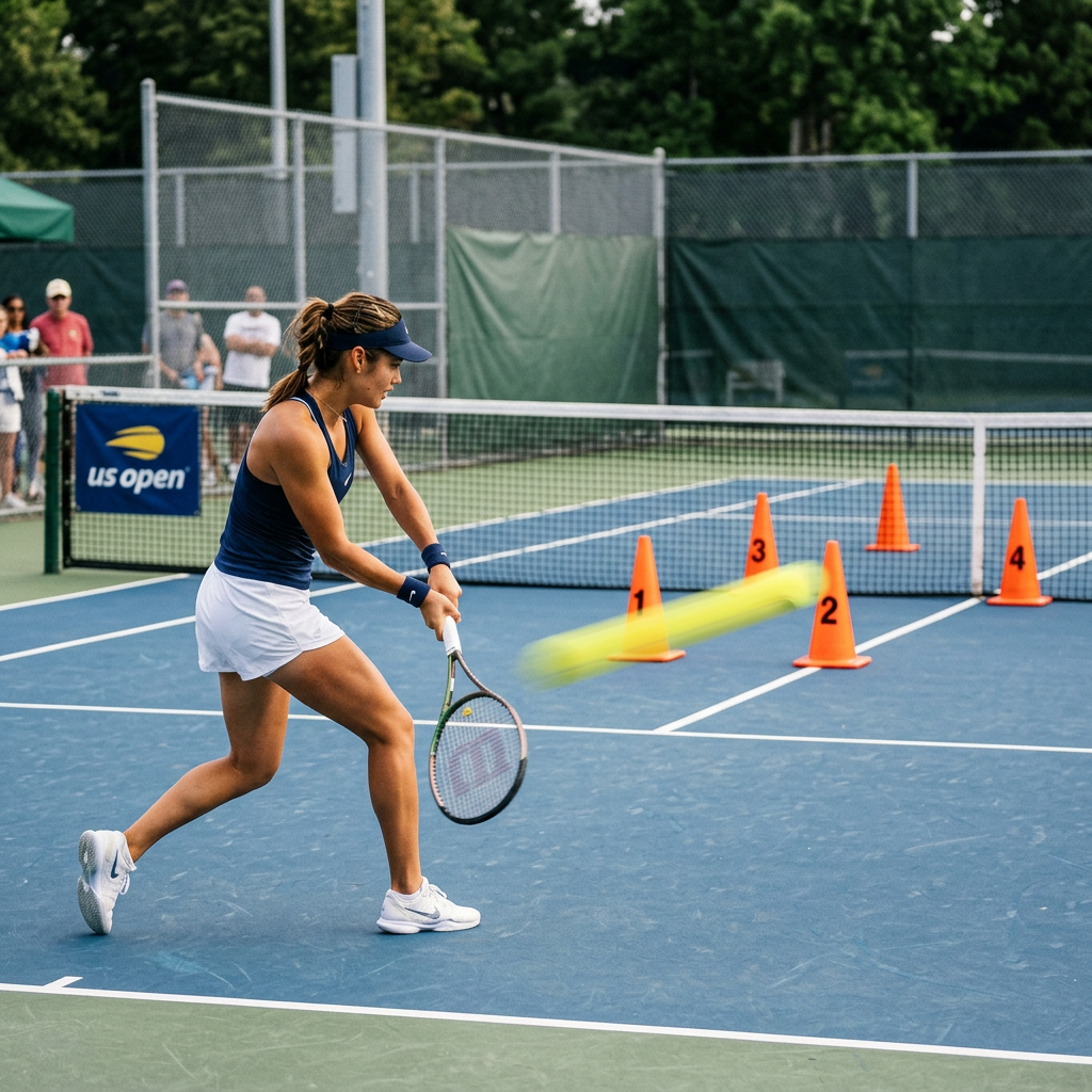 Female tennis player hitting a backhand shot toward numbered orange cones on a court