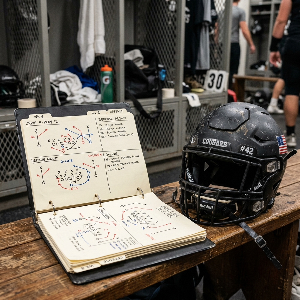 Football playbook displaying offensive and defensive plays next to a black helmet on wooden bench